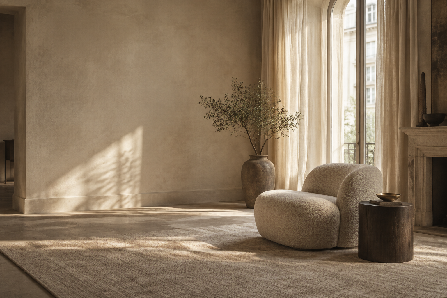 Lichtdurchflutetes Interieur mit Leinenvorhängen, einem gepolsterten Sessel und warmen Naturmaterialien.